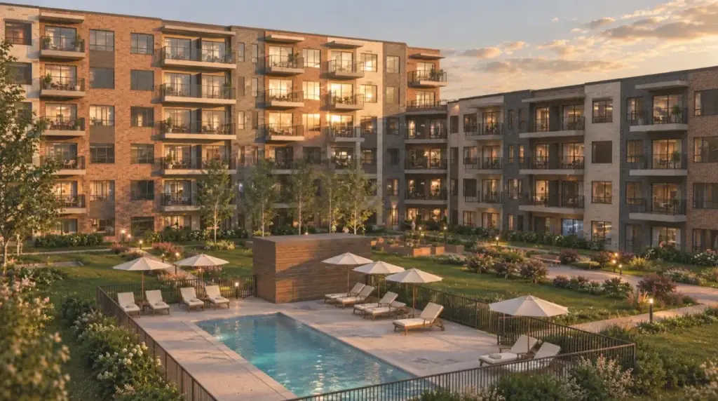 Cour intérieure aménagée avec jardin et espaces de détente
