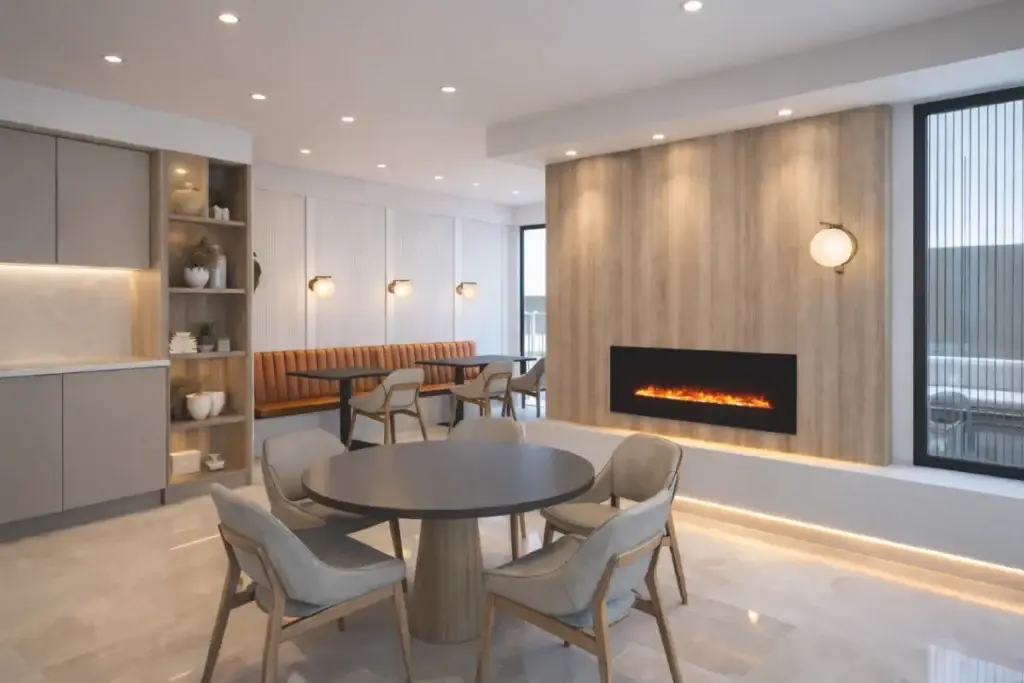 Lounge et salle commune avec cuisine et foyer